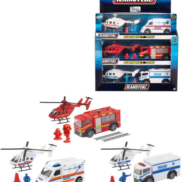 Teamsterz auto kovové záchranářské / policejní set s helikoptérou a doplňky