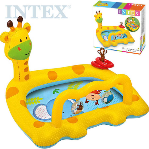 INTEX Bazének dětský nafukovací 112x91x72cm Žirafa s kroužky a chrastítky 57105