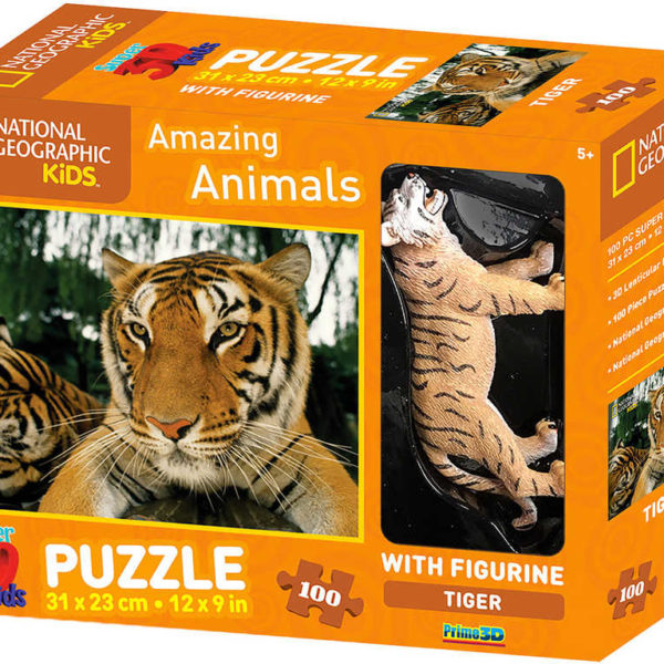 PUZZLE 3D Skládačka Tygr 31x23cm set 100 dílků s figurkou National Geographic
