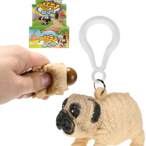 Přívěšek na klíče pes bulldog s hovínkem strečový 5,5cm klíčenka na mačkání