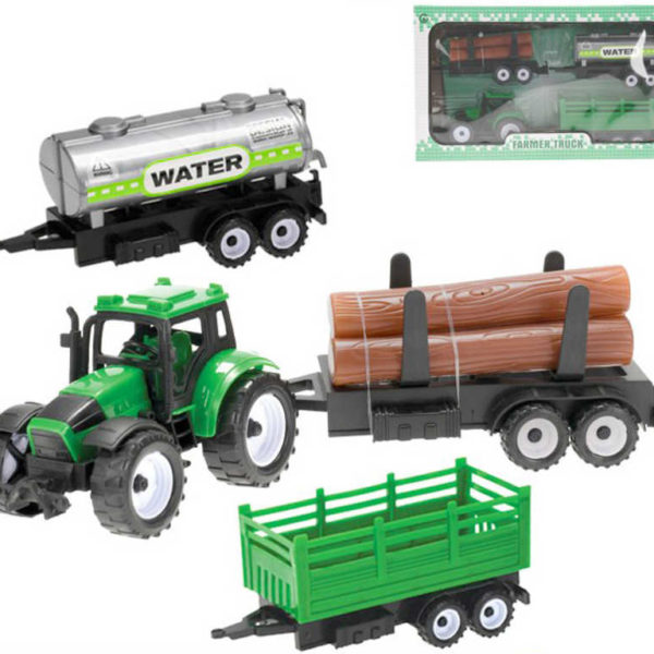 Set traktor na zpětný chod 9cm + 3 vlečky s nákladem dřeva v krabici plast