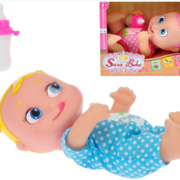 Miminko velké oči 22cm set ležící panenka s kojeneckou lahvičkou různé barvy