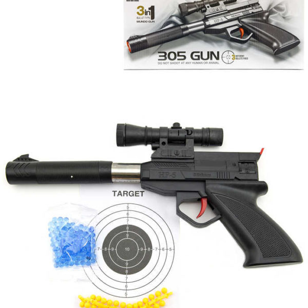 Pistole dětská 30cm na vodní + plastové kuličky 6mm set s terčem a náboji 3v1