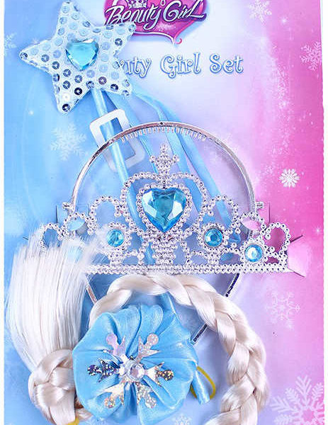 Princezna zimní království set korunka s copem a hůlkou na kartě plast