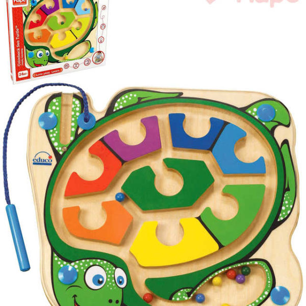 HAPE DŘEVO Baby labyrint kuličkový želva s magnetickou hůlkou pro miminko