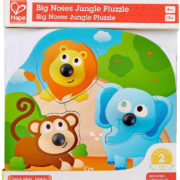 HAPE DŘEVO Baby puzzle vkládací s úchyty zvířátka džungle 3 dílky na desce