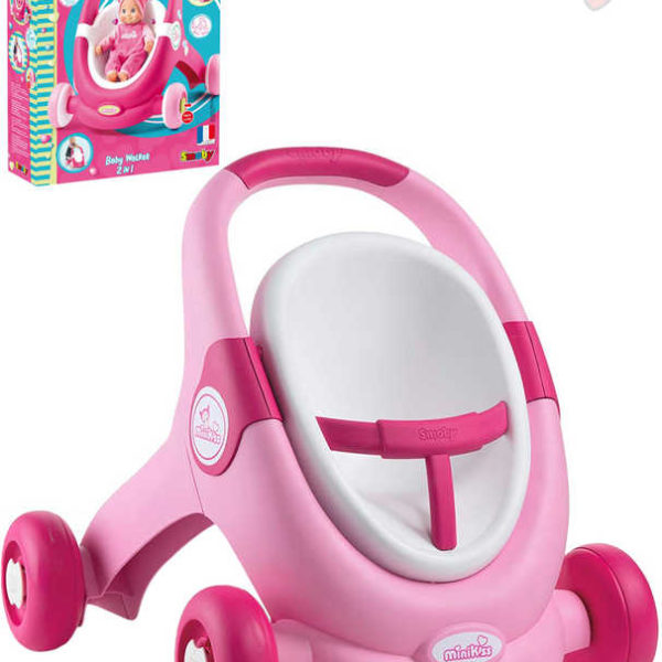 SMOBY Baby Walker Minikiss 3v1 chodítko kočárek sedačka pro panenku růžová