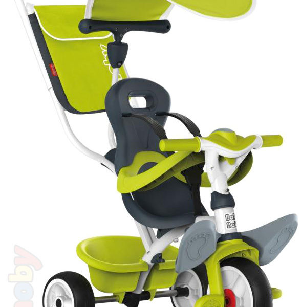 SMOBY Tříkolka Baby Balade 2 s vodící tyčí a stříškou zelená 3v1 šlapadlo s košíkem