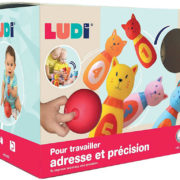 LUDI Hra baby bowling kočičky set 5 soft kuželek s koulí plast pro miminko