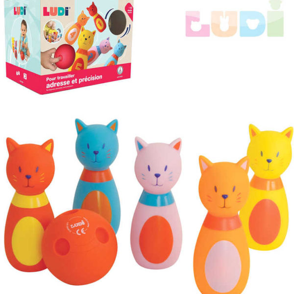 LUDI Hra baby bowling kočičky set 5 soft kuželek s koulí plast pro miminko