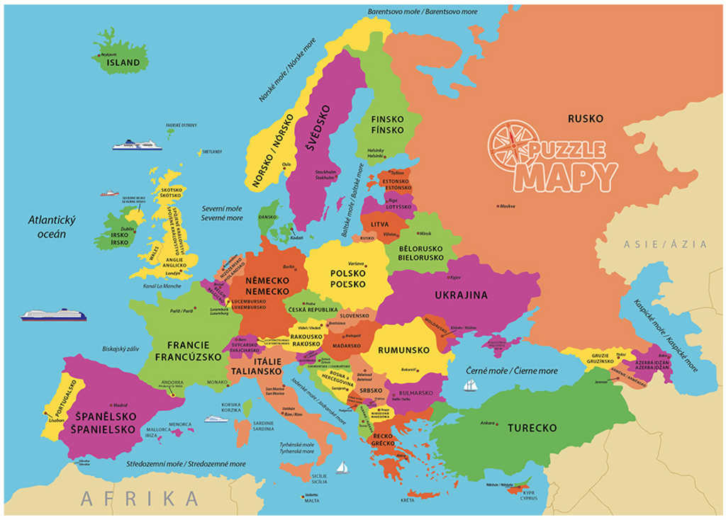 DINO Puzzle Mapa Evropy 69 dílků státy a hlavní města 66x47cm skládačka ...