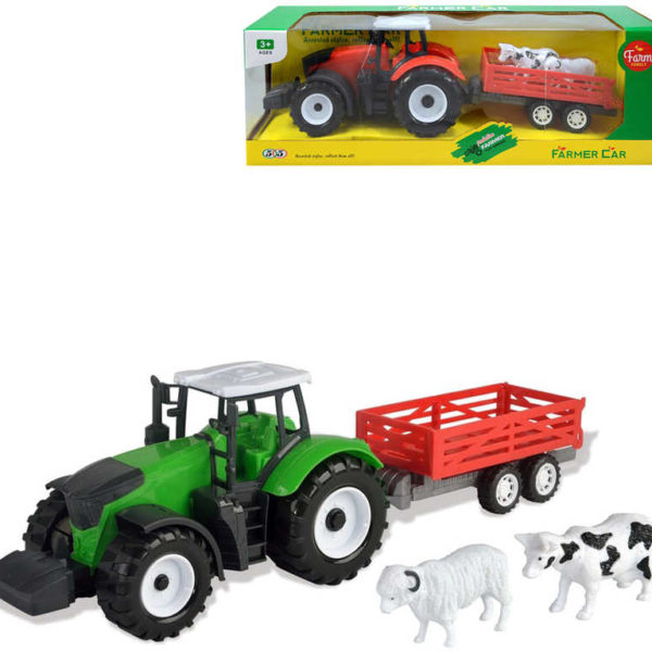 Traktor zemědělský set s vlečkou a hospodářskými zvířaty různé barvy plast