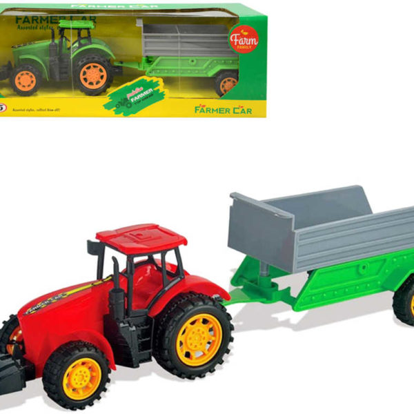 Traktor farmářský 14cm set s vlečkou na setrvačník různé barvy plast