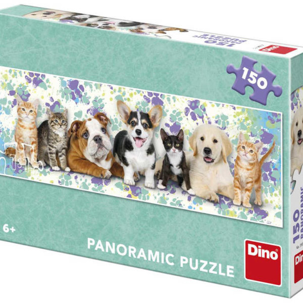 DINO Puzzle Panoramatické Psi a kočky foto 150 dílků 66x23cm skládačka v krabici