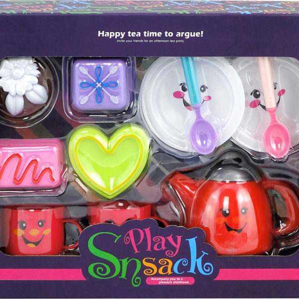 Veselý čajový set dětské nádobí s dortíky s obličejem plast v krabici