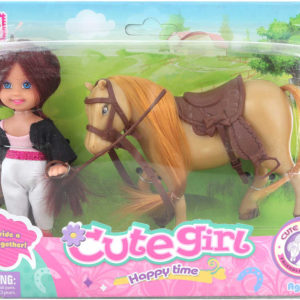 Jezdecký set kůň osedlaný 12cm + panenka žokejka v krabici plast