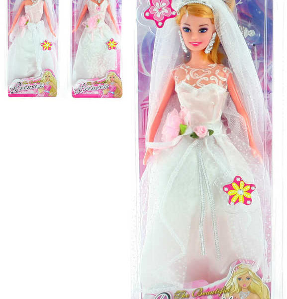 Panenka nevěsta 28cm bílé svatební šaty s doplňky v krabici 3 druhy