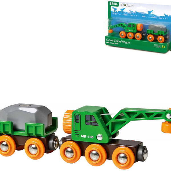 BRIO DŘEVO Set Vagon s nákladem + jeřáb doplněk k vláčkodráze 33698