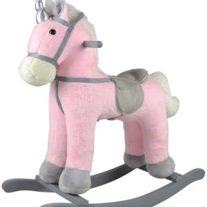 DŘEVO Kůň plyšový houpací jednorožec růžový 71cm řehtá na baterie Zvuk