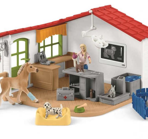 SCHLEICH Veterinární ordinace pro domácí zvířata set s koníkem a veterinářkou plast