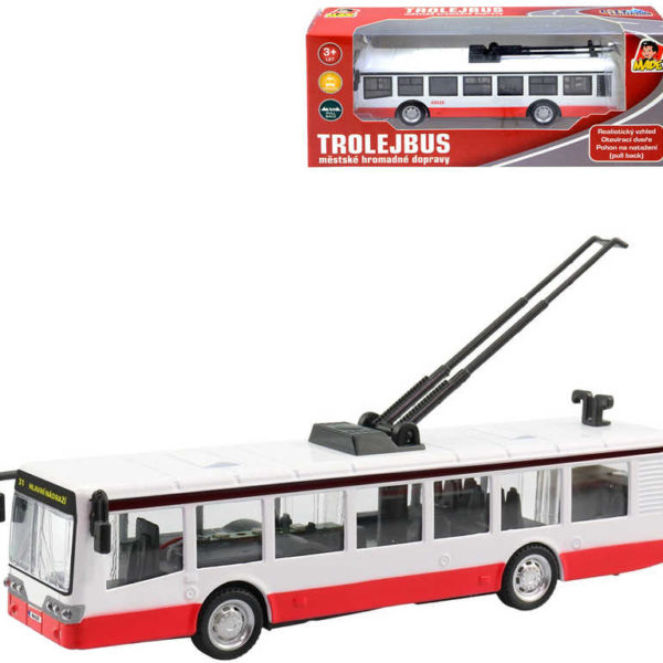 Trolejbus kovový 16cm zpětný chod český design otevírací dveře