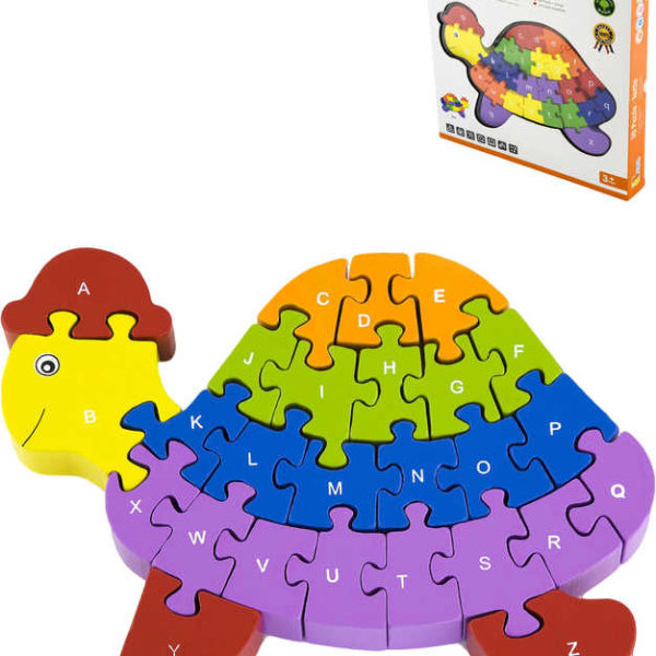 DŘEVO 3D Puzzle skládačka želva 24cm s abecedou 26 dílků v krabici