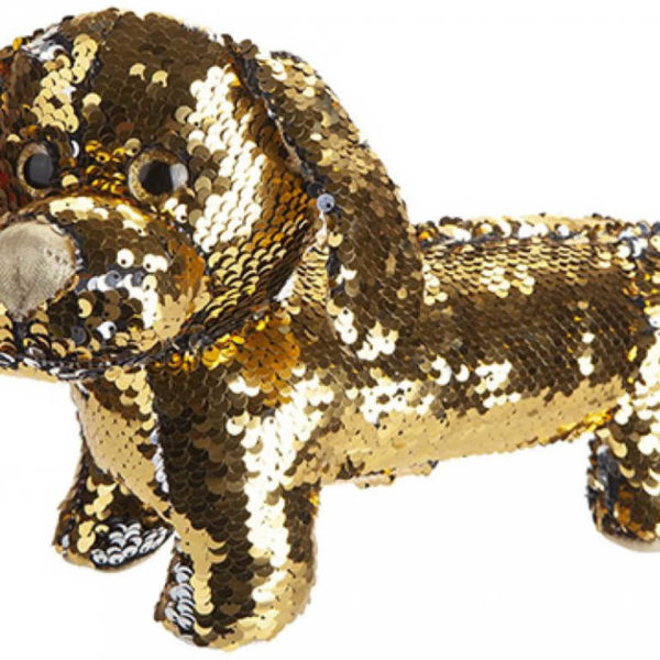 Pes Jezevčík zlatý třpytivý 28cm textilní s flitry *PLYŠOVÉ HRAČKY*