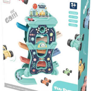 Autodráha sjezdová poschoďová 33x38cm set s 8 autíčky plast
