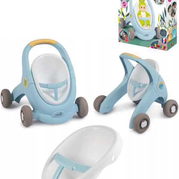 SMOBY Baby Walker Minikiss 3v1 chodítko kočárek sedačka pro panenku modrá