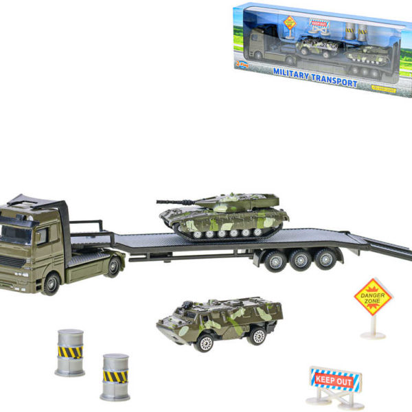 Auto transportér vojenský kovový 25cm set se 2 tanky a doplňky volný chod
