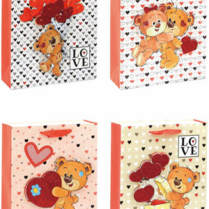 Taška dětská dárková Medvídek Srdíčka 23x32cm papírová Love 4 druhy