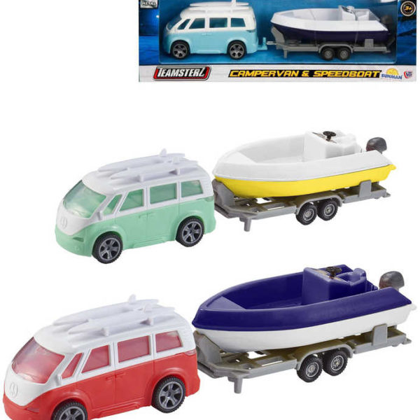 Teamsterz auto karavan kovový set s přívěsem a motorovým člunem 4 barvy