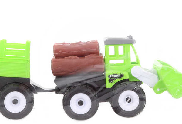 Traktor čelní nakladač set s vlekem a kládami dřeva plast