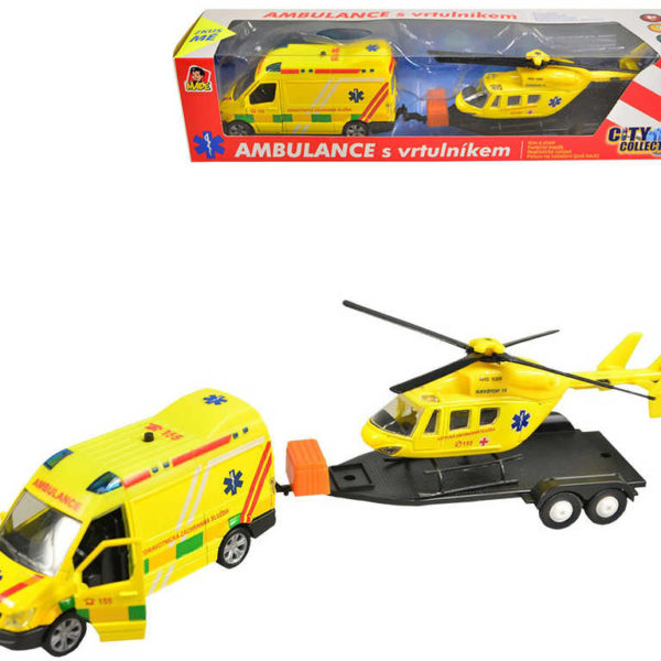 Záchranářský set auto ambulance + vrtulník zpětný chod na baterie kov Světlo Zvuk