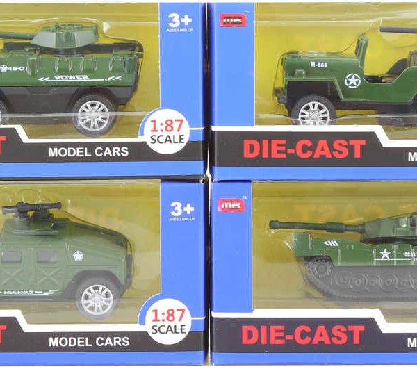 Auto army vojenské kovové 1:87 tank 4 druhy v krabici