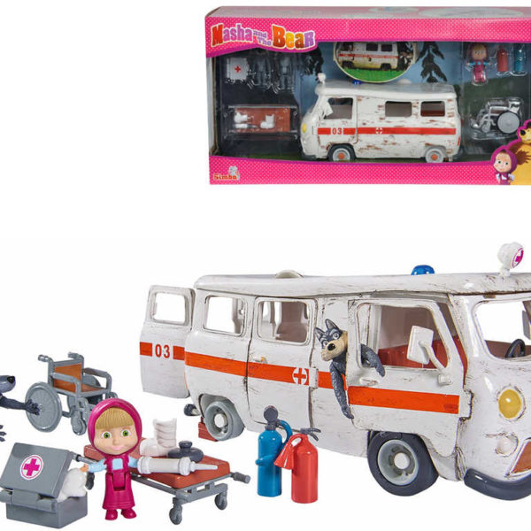 SIMBA Máša a medvěd Ambulance 20cm herní set auto s figurkami a doplňky