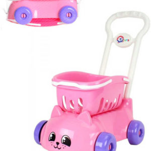 Vozík dětský nákupní růžový 46cm kočička herní set s košíkem plast
