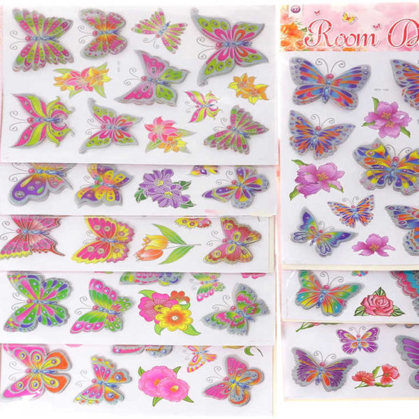 Samolepky 2D/3D motýli 12ks třpytivá nástěnná dekorace na zeď různé druhy