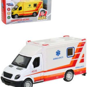 Auto ambulance kovová zpětný chod 10cm sanitní vůz v krabici 2 barvy