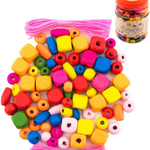 DŘEVO Korálky barevné navlékací set 300ks s gumičkami v dóze