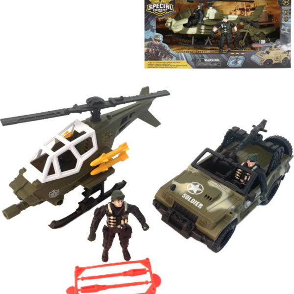 Vojenská army sada 2 figurky s helikoptérou / terénním autem 2 druhy