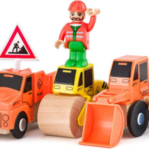 WOODY DŘEVO Stavební stroje set 4 autíčka se 2 figurkami doplněk k vláčkodráze