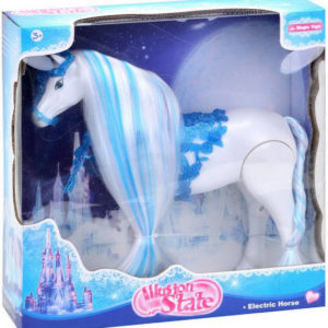 Kůň modro-bílý na baterie zimní království dlouhá hříva česací plast