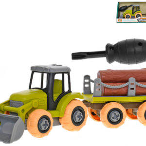 Traktor s vlečkou montážní šroubovací set s nástrojem a kládami dřeva volný chod