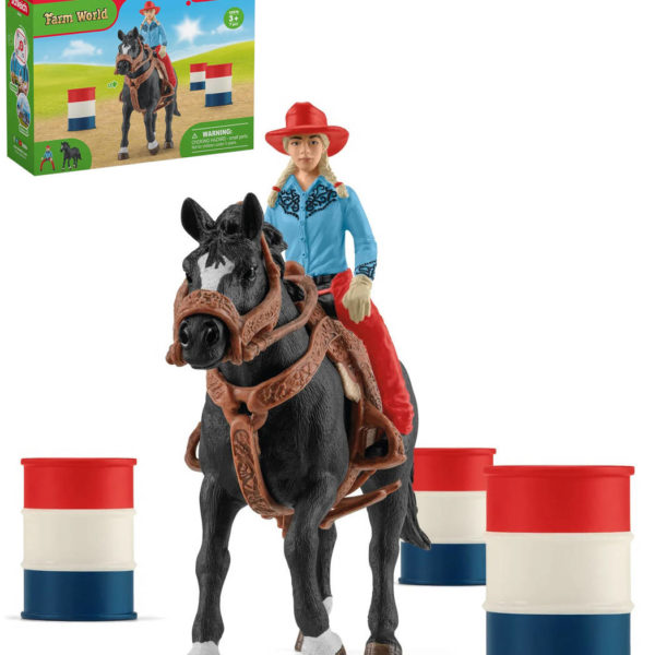 SCHLEICH Kovbojský závod kolem barelů set figurka s koněm a doplňky plast