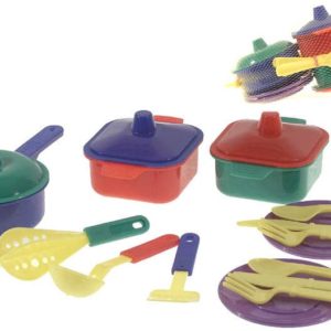 MAD Dětské plastové nádobí kuchyňský set s příbory a doplňky v síťce