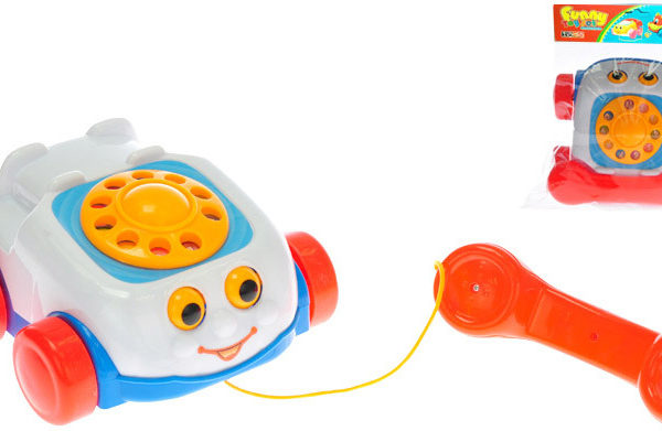 Baby telefon tahací dětský 19cm se šňůrkou na kolečkách obličej plast
