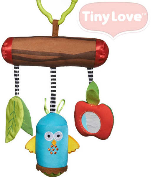 TINY LOVE Závěsná zvonící baby sovička plyšová s jablíčkem chrastítko