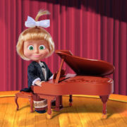 SIMBA Máša a medvěd panenka klavíristka 12cm set s pianem a trianglem na baterie