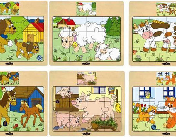 WOODY DŘEVO Puzzle na desce Zvířátka domácí s mláďátky 6 druhů